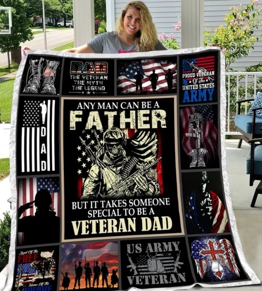 Fleece Blanket for Veteran Daddy With Design Army Pistol American Flag Anyman Can Be a Father