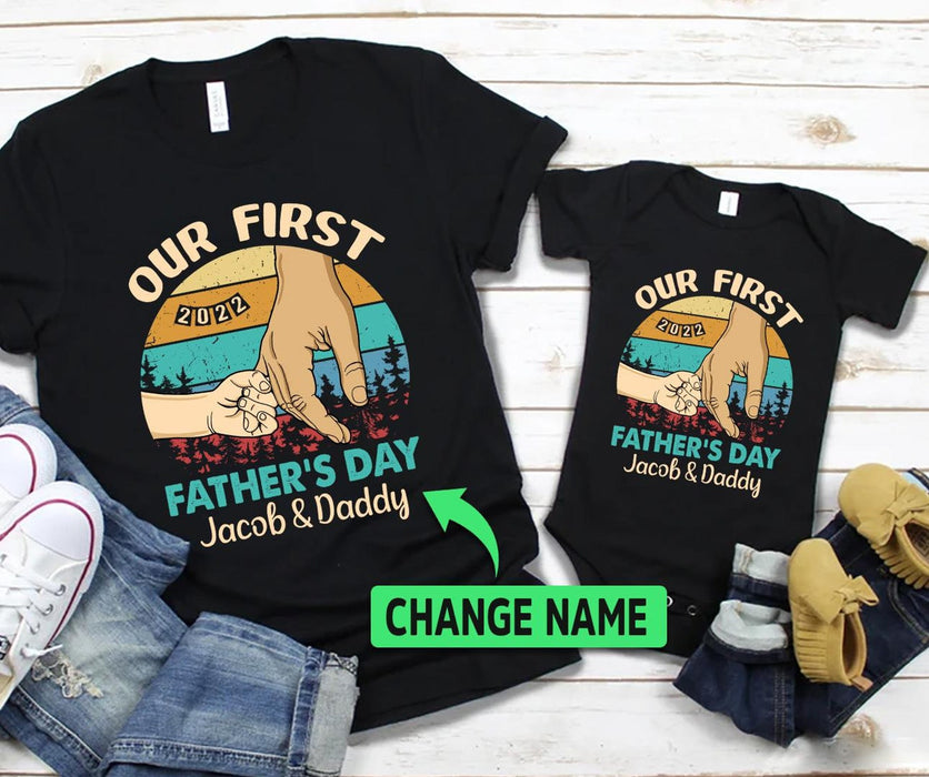 Personalized Matching T-Shirt & Baby Onesie First Father's Day Funny Hand In Hand Stripes Custom Name Daddy & Baby Set