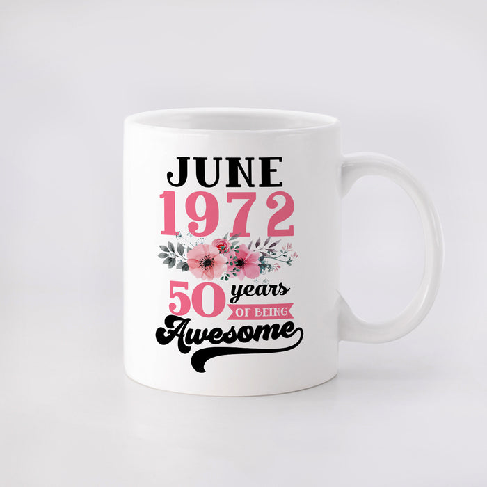 Personalized Happy Birthday Mug 50 Years Of Being Awesome Flower Print Custom Year & Month 11 15oz Ceramic Coffee Cup