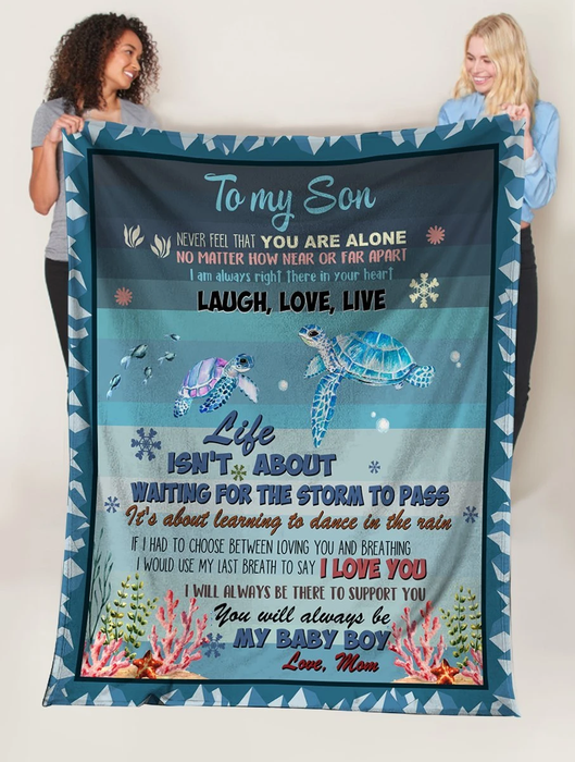 Personalized Premium Fleece Blanket To My Son From Mom Sea Turtle Design Print Customized Name Throw Blankets