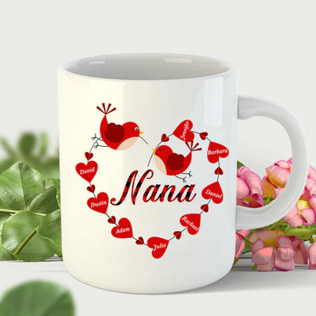 Personalized Coffee Mug Gifts For Grandma Nana Heart Designed Red Bird Plaid Custom Grandkids Name Christmas White Cup