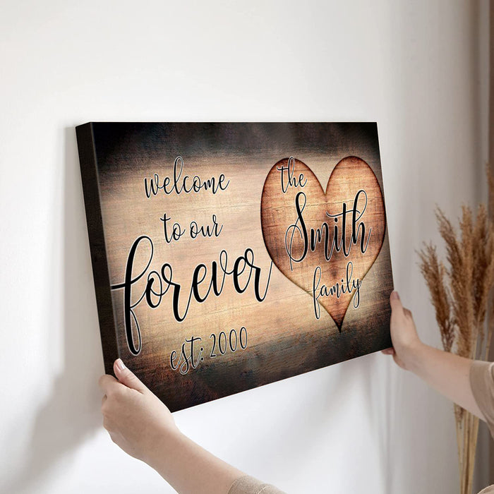 Personalized Wall Art Canvas For Family Our Forever Est Year Vintage Heart Poster Print Custom Family Name & Year