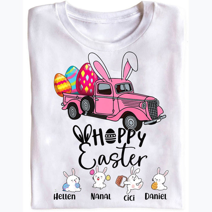 Personalized T-Shirt For Grandma Happy Easter Cute Bunny & Egg Truck Printed Custom Grandkids Name Easter Day Shirt