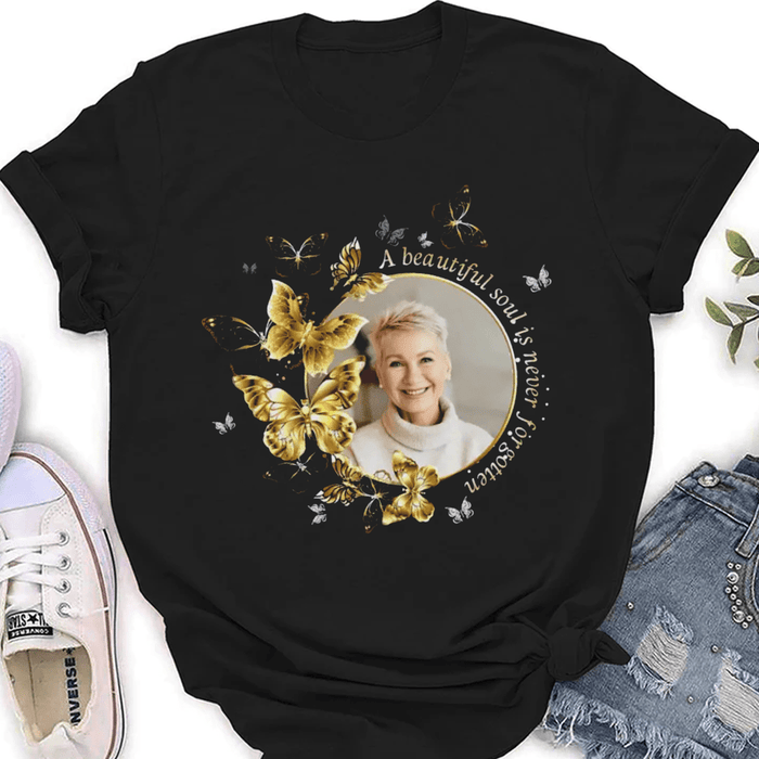Personalized Memorial T-Shirt For Loss Of Loved Ones Beautiful Soul Is Never Forgotten Custom Name Photo Sympathy Gifts