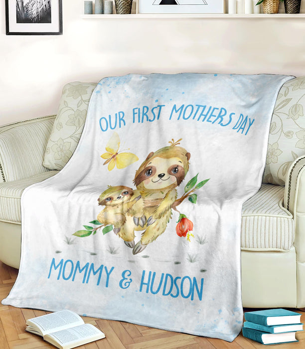 Personalized Premium Blue Blanket For New Mom Our First Mother'S Day Mommy & Son Cute Sloth Printed Custom Name