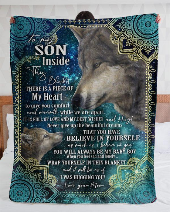 Personalized To My Son Inside This Blanket From Mom Wolf & Mandala Pattern Design Prints Custom Name Throw Blanket