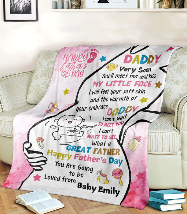 Personalized Fleece Sherpa Blanket From Baby Girl To First Time Dad Very Soon You'll Meet Me Custom Name For Fathers Day