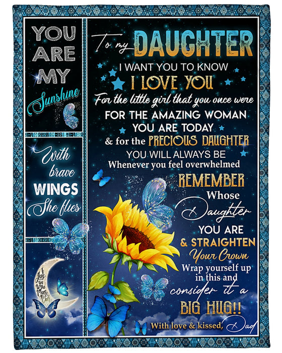 Personalized Blanket To My Daughter From Dad Big Hug Sunflower & Butterfly Design Night Background Custom Name