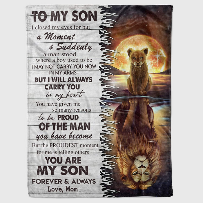 Personalized Fleece Blanket To My Son From Mom Dad I Will Always Carry You In My Heart Print Old Lion & Baby