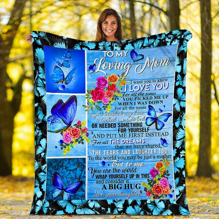 Personalized Lovely Blanket To My Loving Mom On Mothers Day Blue Butterfly & Flower Blankets Custom Name