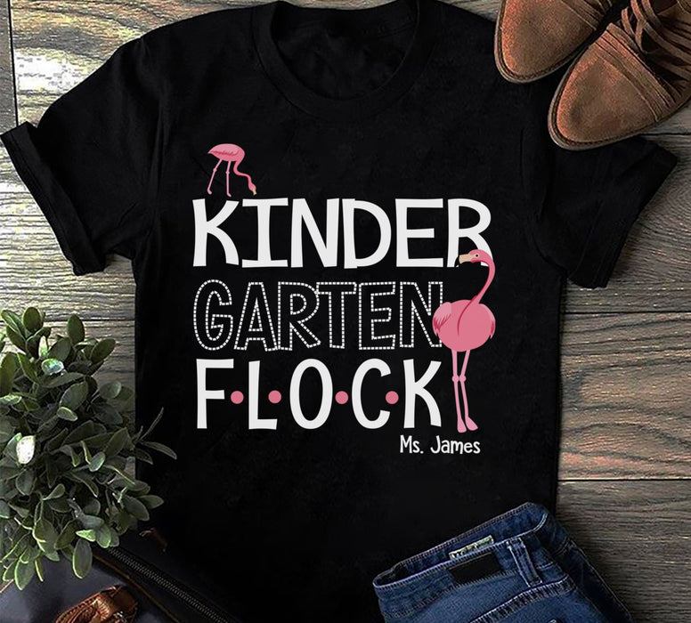 Personalized T-Shirt For Teacher Kindergarten Flock Pink Flamingo Printed Custom Name Back To School Outfit