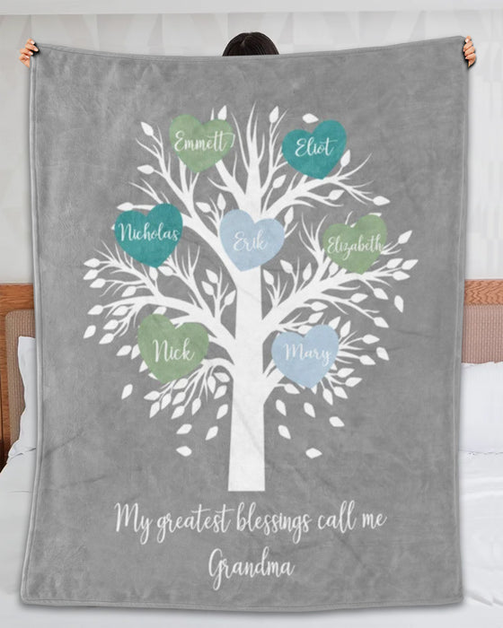 Personalized Blanket For Grandma On Mothers Day Heart Tree Printed Blanket Custom Title & Grandkids Name