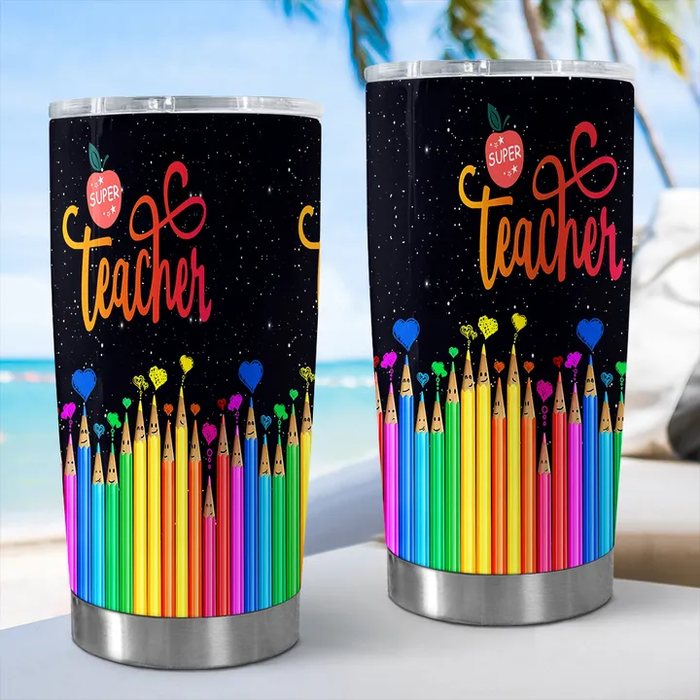 Personalized Travel Tumbler For Teacher 20oz Cup Custom Title Funny Colorful Crayons Super Apple Back To School Gifts