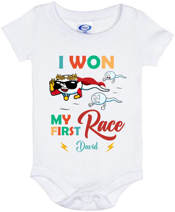 Personalized Baby Onesie For Racing Lovers I Won My First Race Funny Naughty Sperm Colorful Design Custom Name