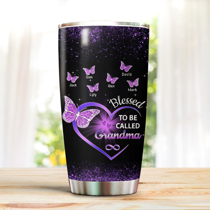 Personalized Tumbler Gifts For Grandma Heart Infinity Purple Butterflies Custom Grandkids Name Travel Cup For Birthday