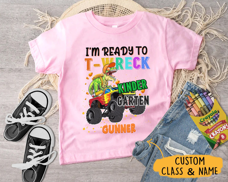 Personalized T-Shirt For Kids T-Rex Monster Truck Ready To Crush Kindergarten Custom Name & Grade Shirt Back To School