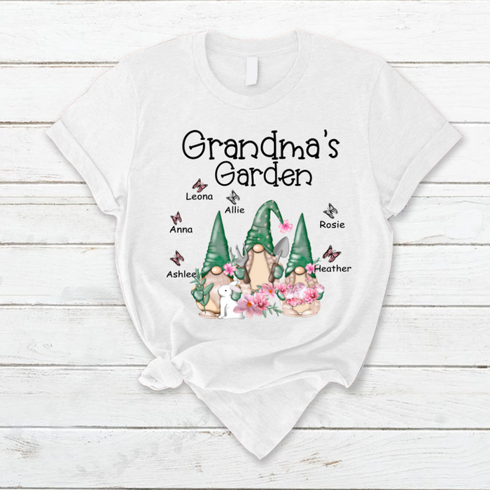 Personalized T-Shirt Grandma'S Garden Three Cute Gnomes With Flower & Butterfly Printed Custom Grandkids Name