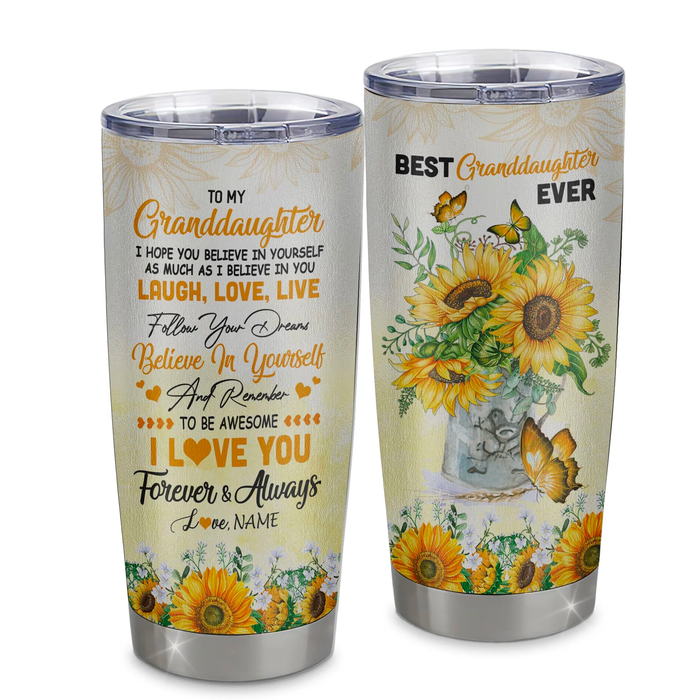Personalized Tumbler To Granddaughter Gifts From Grandparents Sunflower Believe In Yourself Custom Name Travel Cup 20oz
