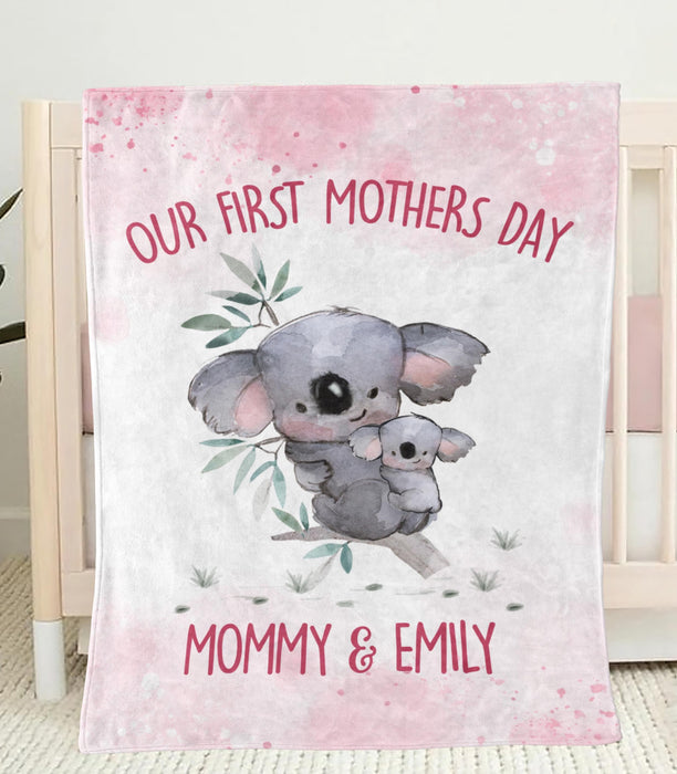 Personalized Premium Pink Blanket For New Mom Our First Mother'S Day Mommy & Daughter Cute Koala Bear Custom Name