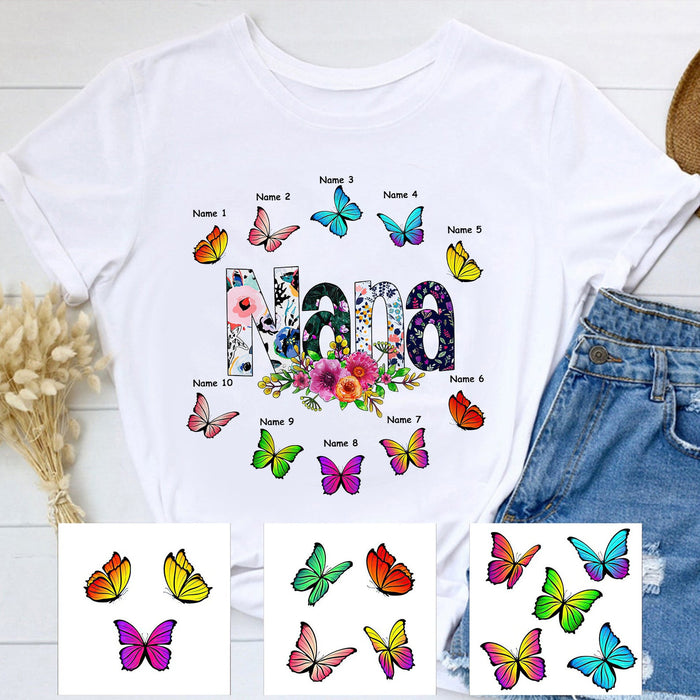 Personalized T-Shirt For Grandma Nana Flower & Colorful Butterfly Printed Custom Grandkids Name Mothers Day Shirt