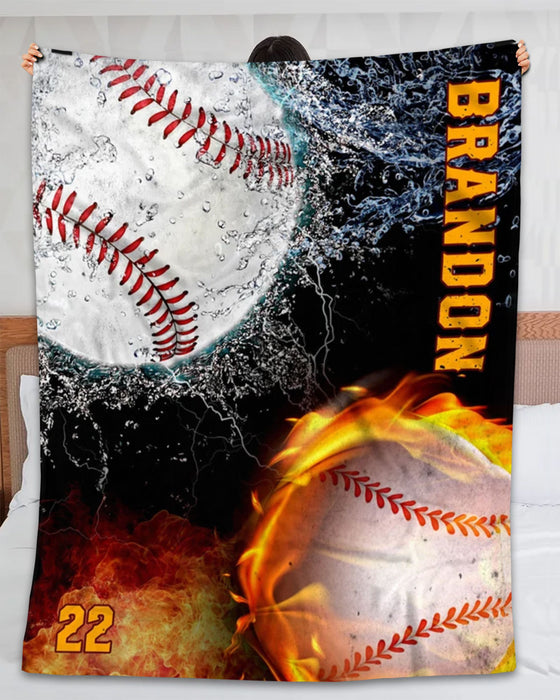 Personalized Blanket For Son Dad Men Baseball Lovers Ball In Water & Fire Printed Custom Name & Jersey Number