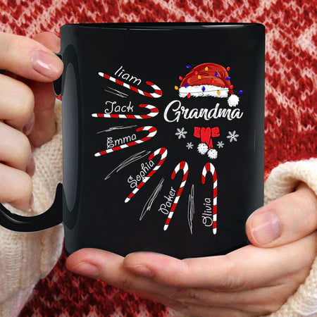 Personalized Coffee Mug Gifts For Grandma Santa Hat Candy Cane Snowflake Custom Grandkids Name Christmas Black Cup