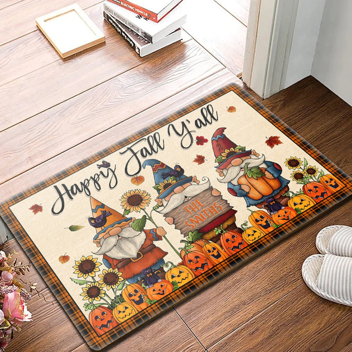 Personalized Welcome Doormat Happy Fall Y'all Three Cute Gnome With Funny Pumpkin Sunflower Black Cat Custom Family Name