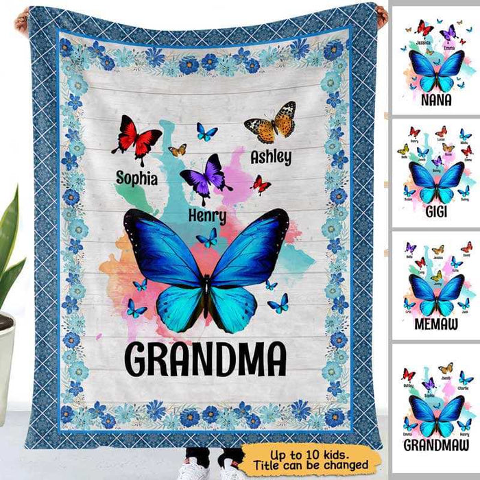 Personalized Blanket For Grandma Butterflies & Flower Printed Splash Color Custom Grandkids Name