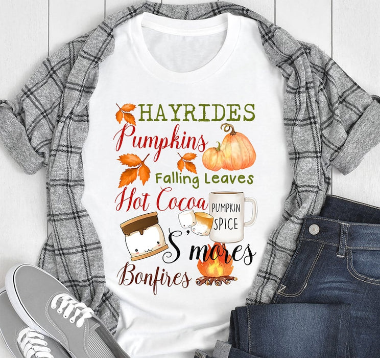 Classic T-Shirt For Women Hayrides Pumpkins Falling Leaves Hot Cocoa S'mores Bonfire Fall Shirt Thanksgiving Shirt