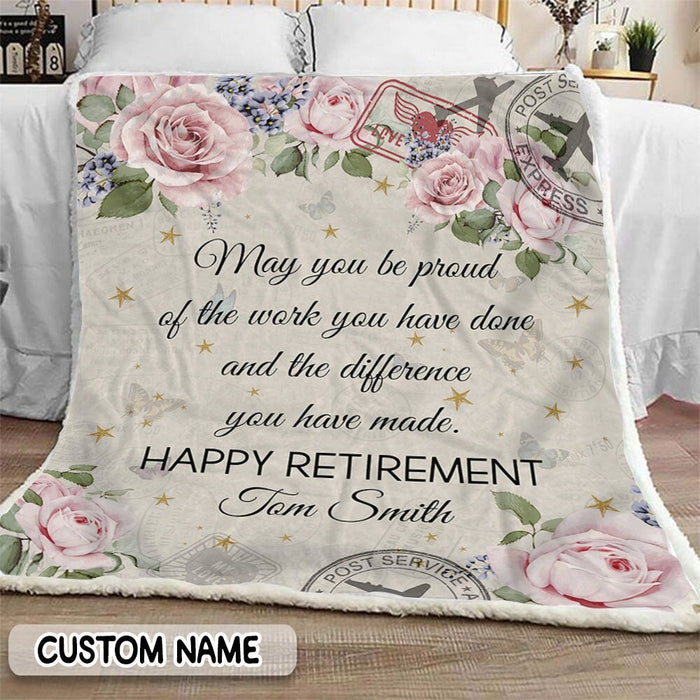 Personalized Retirement Blanket For Coworker Love Air Mail Florals Proud Of The Work Custom Name Gifts For Men Women