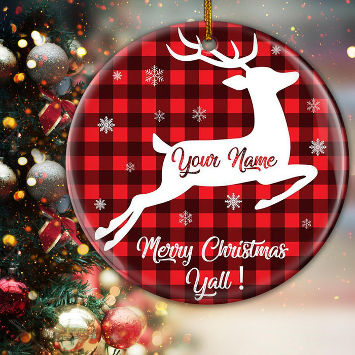 Personalized Circle Ornament Merry Christmas Y'All Cute Reindeer Printed Red Buffalo Plaid Design Custom Name