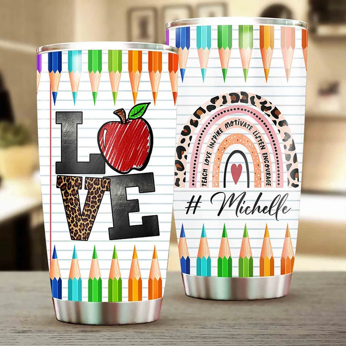 Personalized Travel Tumbler Teacher 20oz Cup Custom Name Apple Leopard Crayon Teach Love Inspire Back To School Gifts