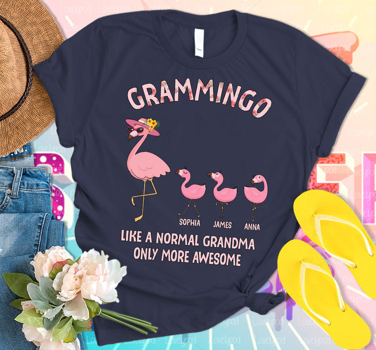 Personalized T-Shirt For Grandma Grammingo Cute Flamingo Printed Custom Grandkids Name Mother'S Day Shirt