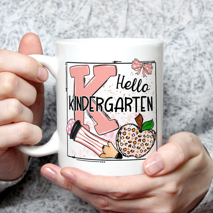 Personalized Ceramic Coffee Mug Hello Kindergarten Pencil & Apple Print Custom Grade 11 15oz Back To School Cup