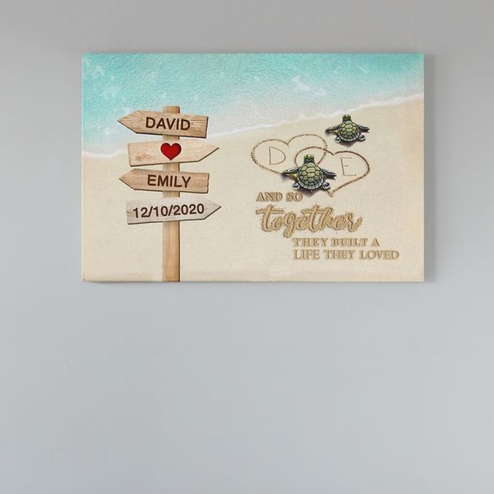 Personalized Canvas Wall Art For Couples Turtle Couple Beach Wooden Street Sign Custom Name Poster Prints Birthday Gifts