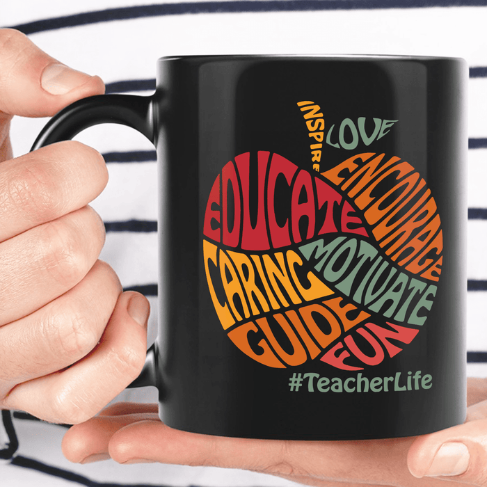 Personalized Coffee Mug For Teacher Apple Artwork Teacher Life Custom Hashtag Ceramic Black Cup Gifts For Back To School