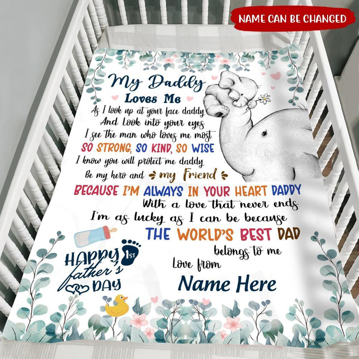 Personalized Blanket To My New Dad From Baby Happy First Father's Day Old & Baby Elephant Print Custom Name