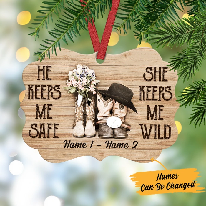 Personalized Ornament Gifts For Couples Vintage Boots He Keeps Me Safe Custom Name Tree Hanging On Anniversary