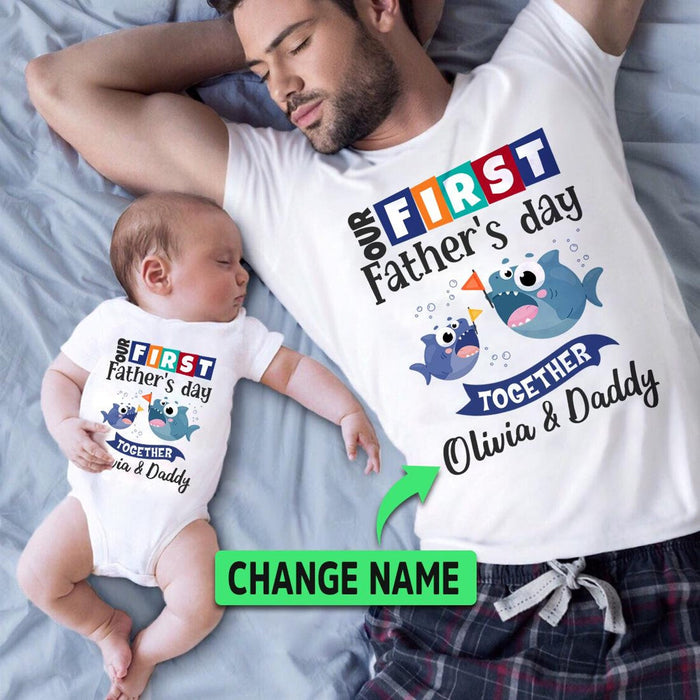 Personalized Matching T-Shirt & Baby Onesie Our First Father's Day Cute Funny Fish Printed Custom Name Daddy & Baby Set