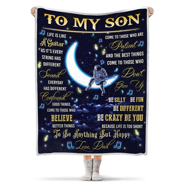 Personalized To My Son Blanket From Dad Good Things Come To Those Who Believe Astronaut Playing Guitar Blanket