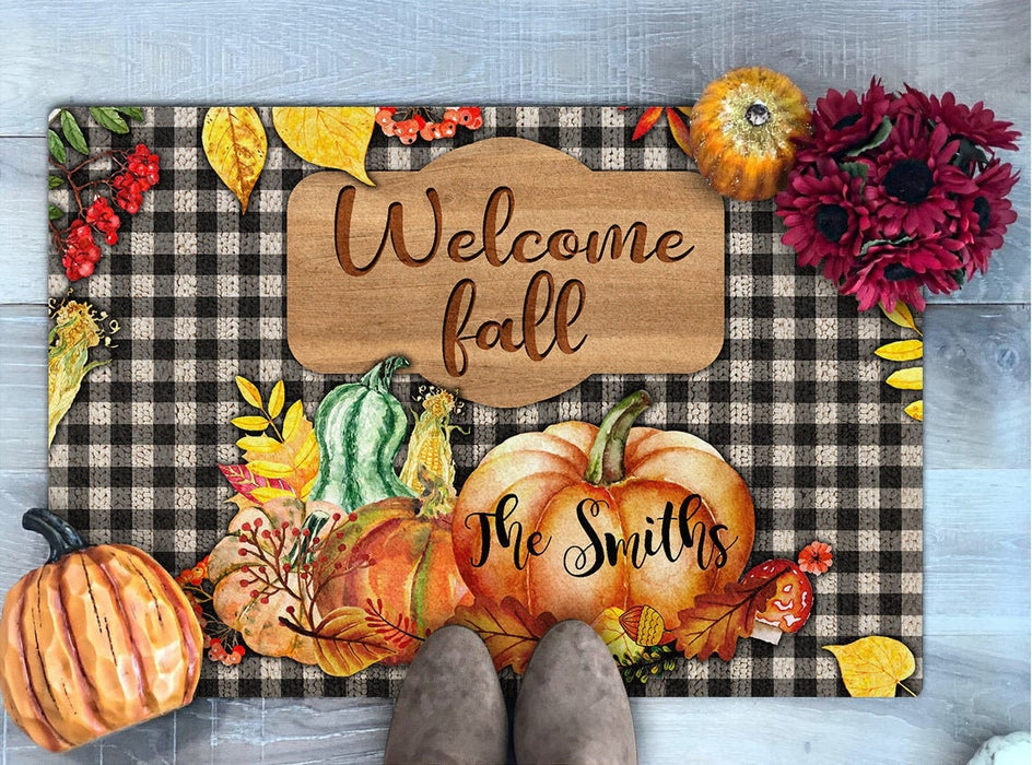 Personalized Doormat For Fall Lovers Welcome Fall Pumpkin & Maple Leaves Printed Plaid Design Custom Family Name