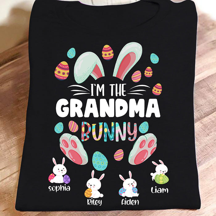 Personalized T-Shirt I'M The Grandma Bunny Cute Bunny With Easter Eggs Printed Custom Grandkids Name Easter Day Shirt