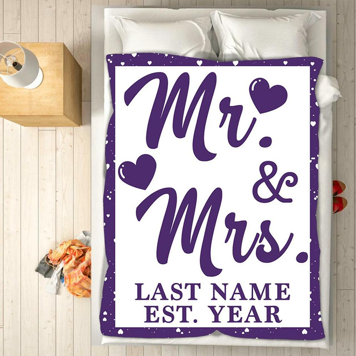 Personalized Lovely Blanket For Couple Husband Wife Mr & Mrs Fleece Blanket For Valentine Custom Last Name & Year