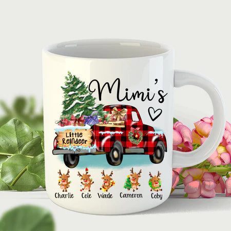 Personalized Coffee Mug Gifts For Grandmother Mimi's Little Reindeer Red Truck Custom Grandkids Name Christmas White Cup