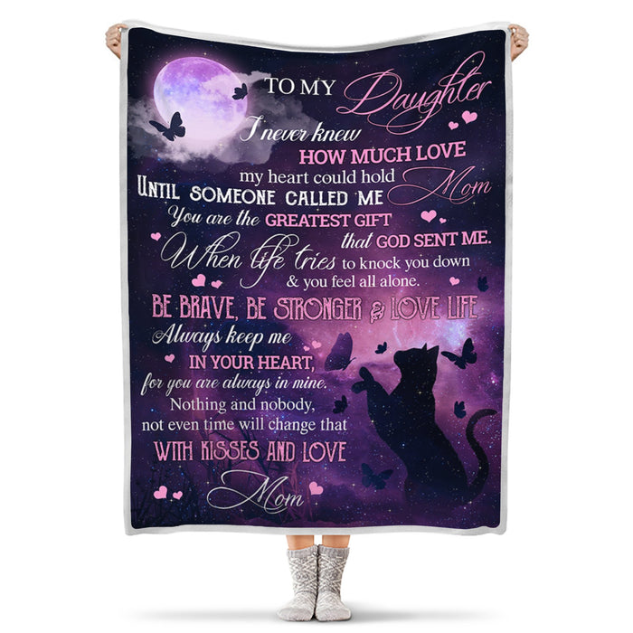 Personalized To My Daughter Blanket From Mom When Life Tries To Knock You Down Black Cat Butterflies & Moon Printed