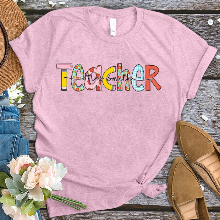Personalized T-Shirt For Teacher Colorful Apple Polka Dot Plaid Design Custom Name Shirt Gifts For Back To School