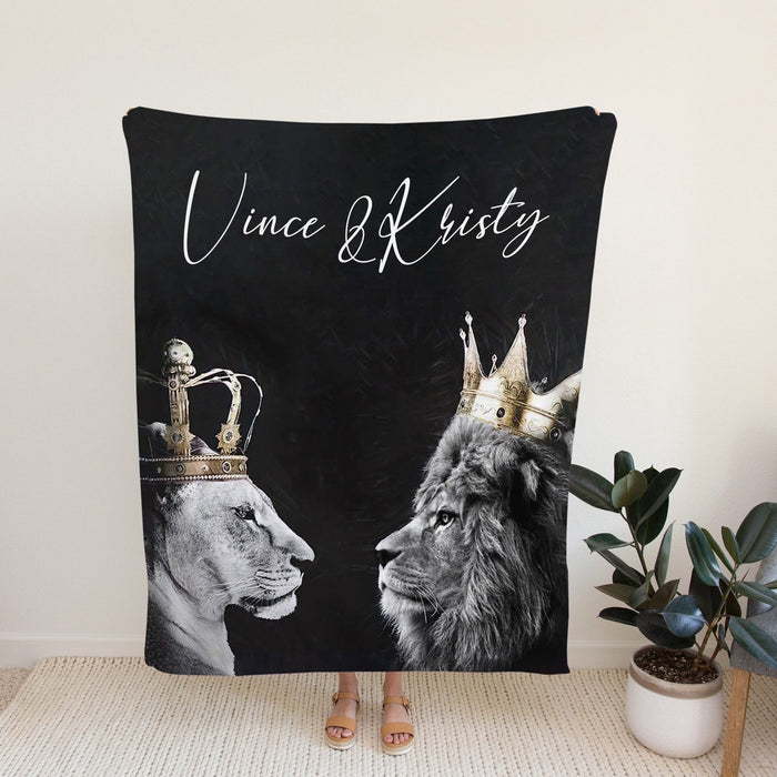 Personalized Couple Blanket For Husband Wife Lions With Crown Printed Custom Name Love Blanket For Valentines
