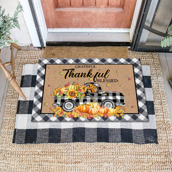 Welcome Doormat For Christian Lovers Grateful Thankful Blessed Pumpkin Truck With Sunflower & Cross Printed Plaid Design