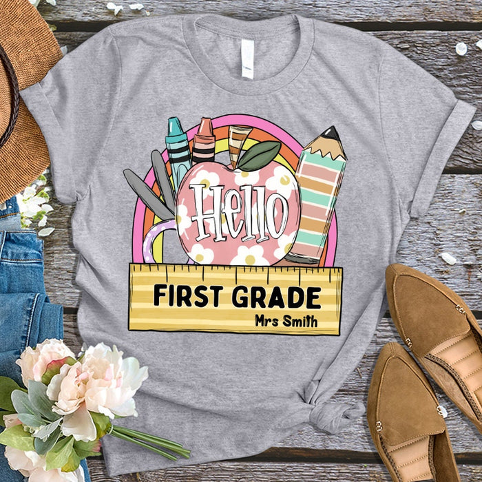 Personalized T-Shirt For Teacher Hello 1st Grade Apple Pencil Ruler Custom Name Shirt Gifts For Back To School