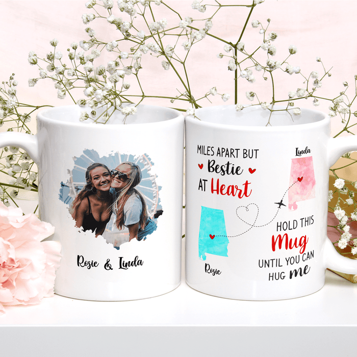 Personalized Coffee Mug For Friends Miles Apart But Bestie At Heart Custom Name & Photo White Cup Long Distance Gifts